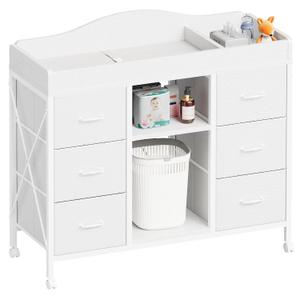 Changing Table, 6-Drawer Baby Dresser with Changing Table top, Waterproof Diaper Changing Station & Pad, 2 Height-Adjustable Open Storage Shelves, Mobile Nursery Organizer, White