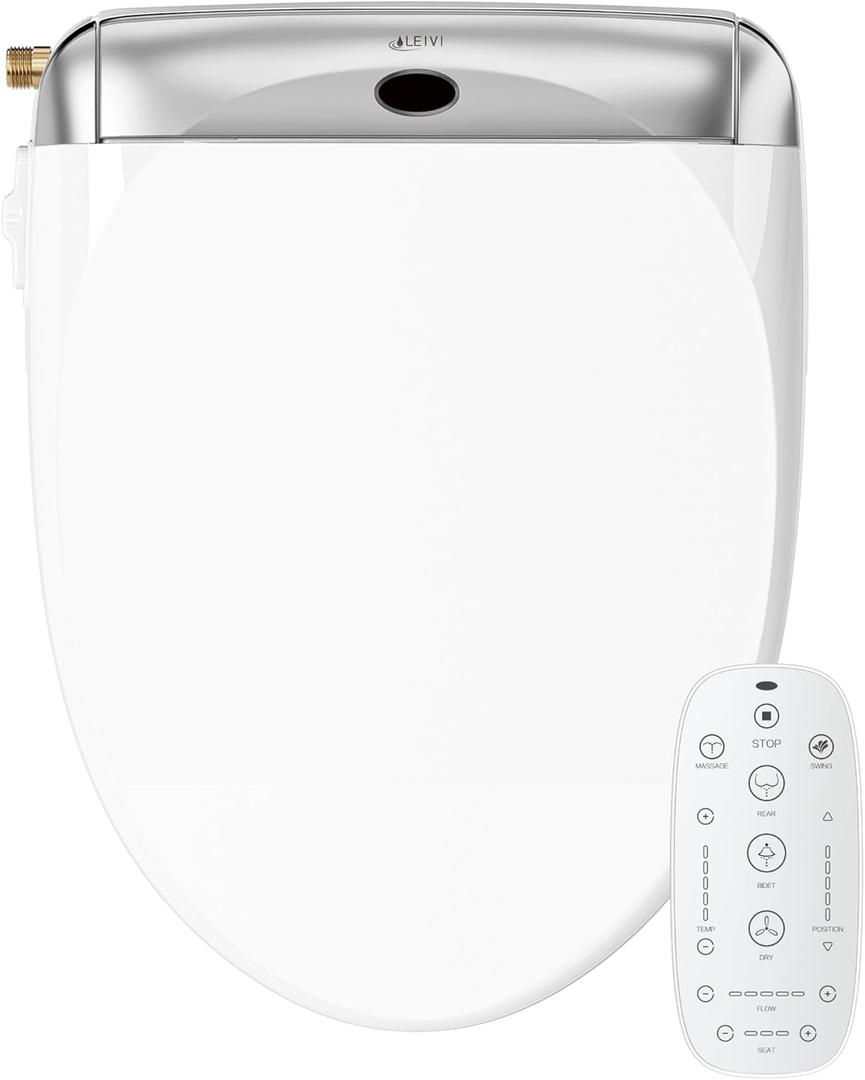 LEIVI Electric Bidet Toilet Seat with Wireless Remote and Side Panel, Multiple Spray Modes, Adjustable Heated Seat, Warm Water and Air Dryer, Auto LED Nightlight, Round (Silver)