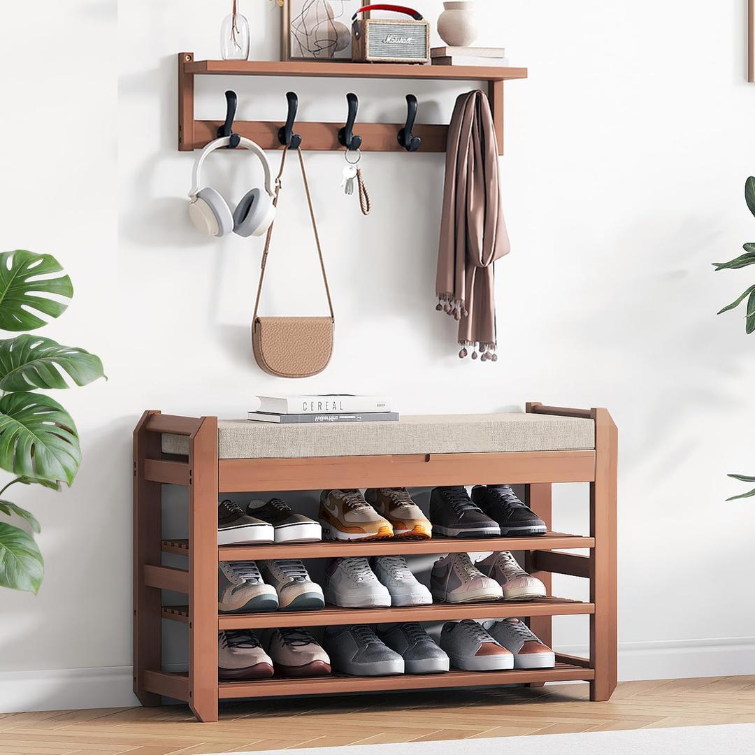 27.6" Bamboo Shoe Bench with Cushion, 5 Hooks Coat Rack, 3-Tier Adjustable Storage Bench for Entryway, Heavy Duty Shoe Rack Organizer with Removable Soft Cushion for Living Room Bedroom Hallway