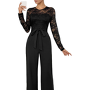 Hxkwox Women's Dressy Lace Patchwork Plain Crew Neck Jumpsuit Long Sleeve Wide Leg Jumpsuits Wedding Guest One Piece Outfits, Small