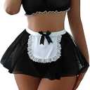 Sexy Stockings Mini Skirt Mesh Sheer Lace Halloween Costume Maid Outfit Lingerie with Thong Set 4 Piece L