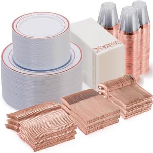 Goodluck 700 Pieces Rose Gold Dinnerware Set for 100 Guests, Plastic Plates Disposable for Party, Include: 100 Dinner Plates, 100 Dessert Plates, 100 Paper Napkins, 100 Cups, 100 Silverware Set