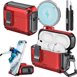 for AirPods Pro 3 Case (2025) with Phone Stand,with Automatic Snap Switch Carbon Fiber Design Protection Cover for Airpods Pro 3 Gen with Cleaning Pen,Red