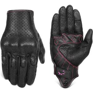 Superbike Women ’s Touchscreen Motorcycle Gloves Full Finger Black Leather Armored Ladies Motorbike Gloves (G01W-Black Leather with Rose Line, M)