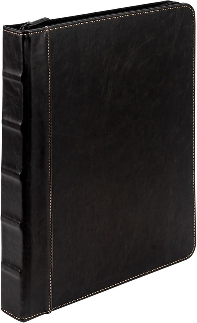 Samsill Vintage Leather Binder, Zippered, 1 Inch Round Ring, Letter Size 8.5x11 Documents, Contrast Stitching, Professional Organizer Portfolio, Planner, Black