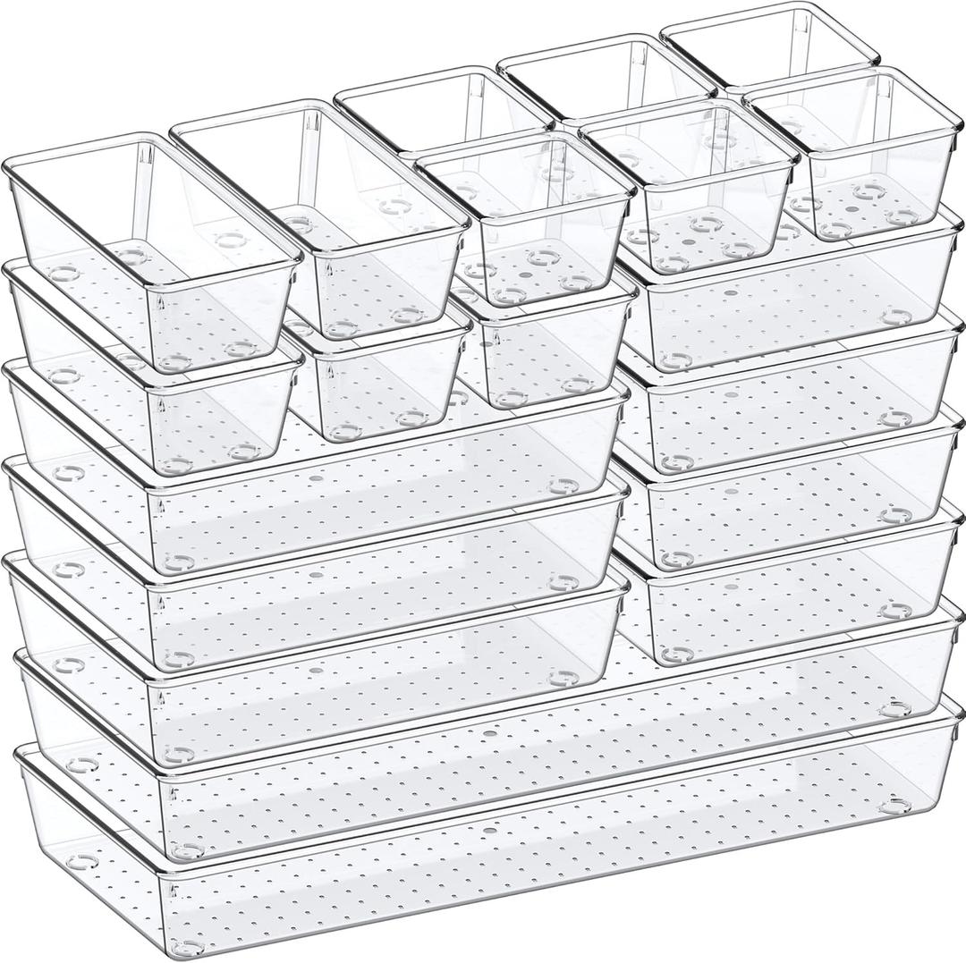Criusia Drawer Organizer, 5-Size Versatile Bathroom and Vanity Organizer Trays, 20 Pack Clear Plastic Kitchen Drawer Organizers Set, Storage Bins for Makeup, Bathroom, Jewelries and Office