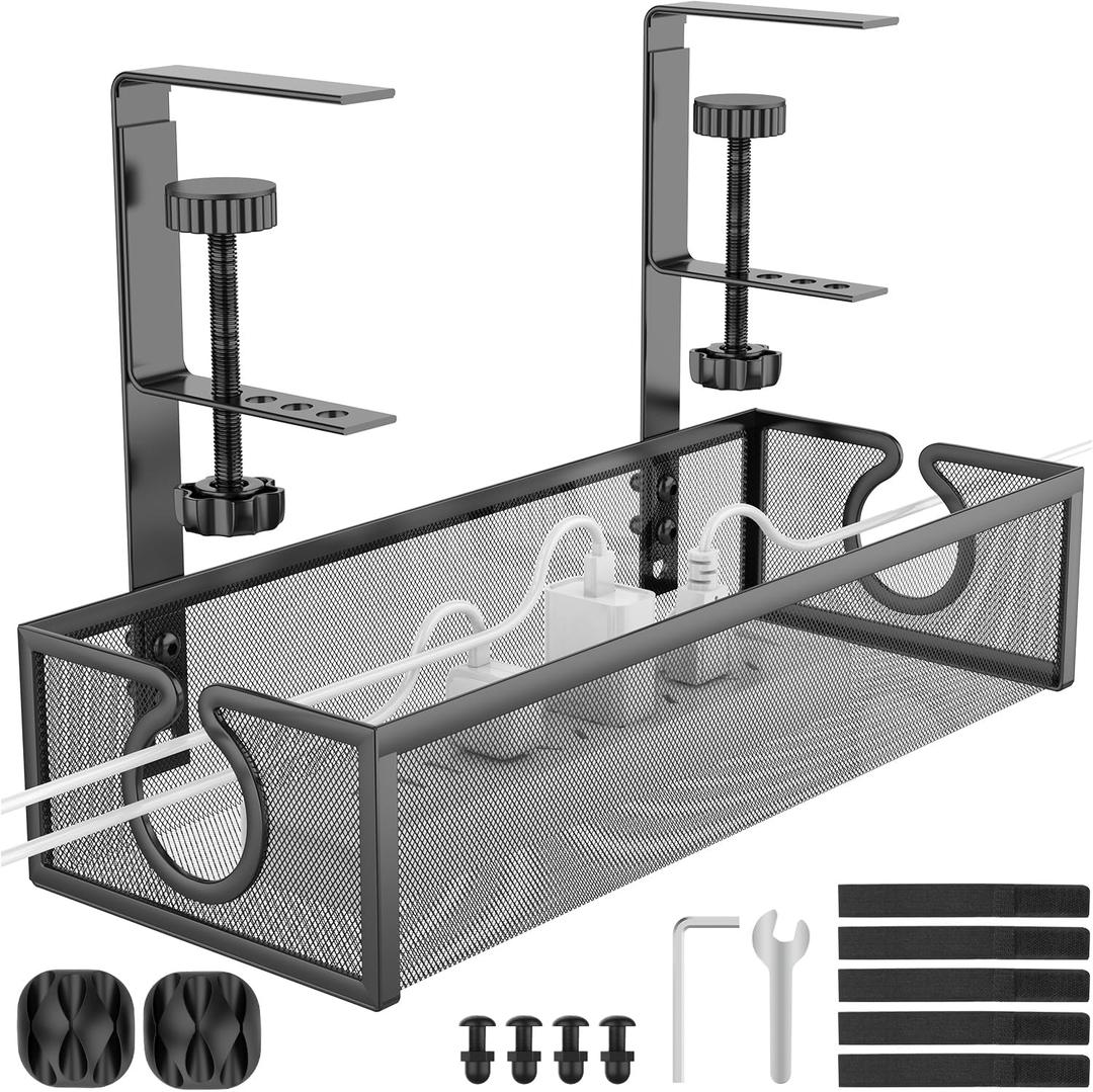 REFLYING Under Desk Cable Management Tray, Metal Long Arms(3.9in), No Drill Mesh Desk Cable Tray, Wire Management Tray Cable Management Box for Office, Desk Cable Tray Wire Organizer, 1 Pack, Black