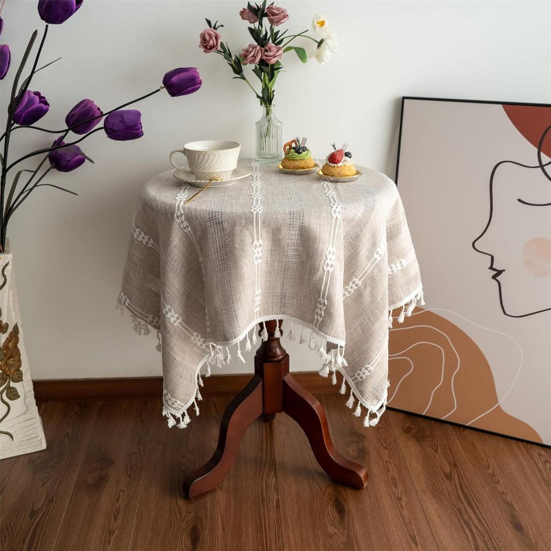 Gernaice Rustic Stripe Embroidered Tablecloth Heavy Small Square Tassel Cotton Linen Table Cloth Wrinkle Free Washable Table Cover for End Bedside Coffee Teapoy Table Tea Trolley Brown 36x36 Inch