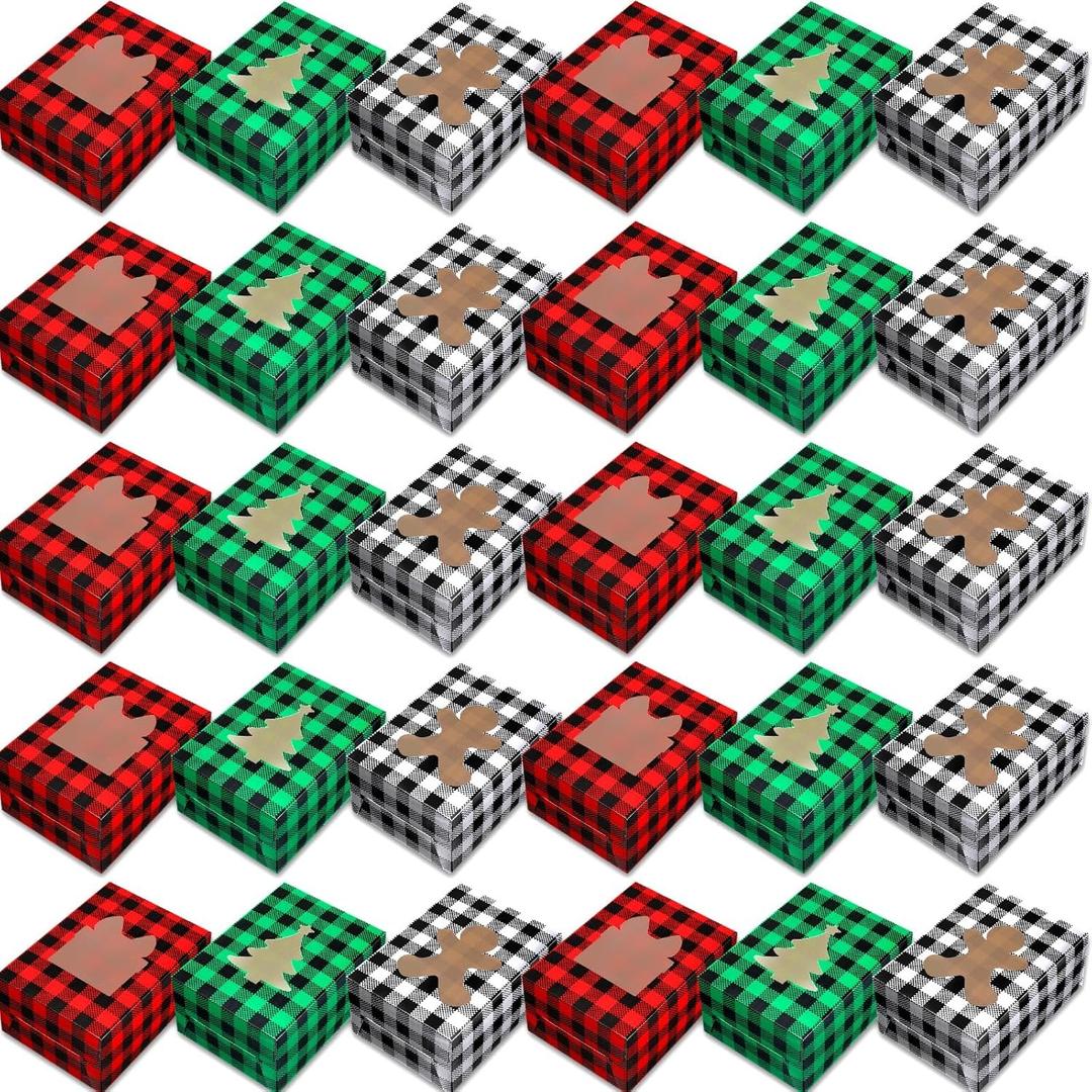 Cholemy 30 Pcs Christmas Cookie Boxes with Window Bulk Buffalo Plaid Christmas Gift Boxes for Gift Giving 8.3 x 6 x 3.7 Inch Xmas Bakery Containers for Pastries Donuts Treat Xmas Party Favors