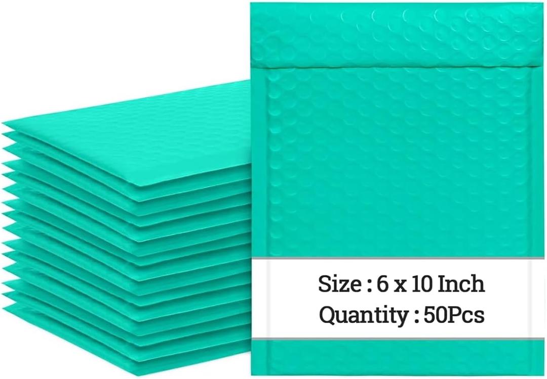 6x10 Inch Bubble Mailers 50 Pack, Self-Seal Poly Padded Envelope, Waterproof Shipping Bags for Small Business, Teal