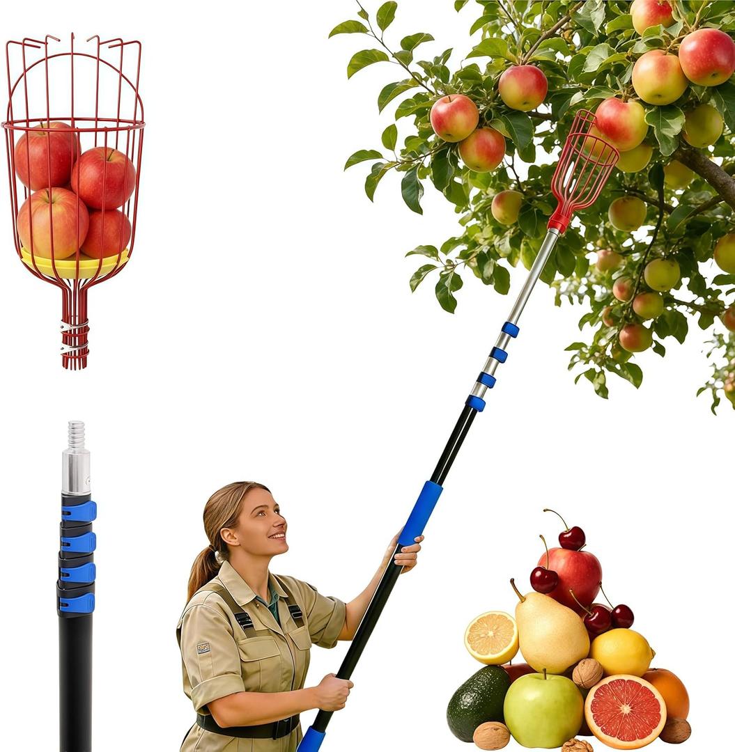 26FT Reach Fruit Picker Pole with Basket Telescoping, 5-20FT Extendable Aluminum Apple Picker for Picking Avocados, Figs, Mangoes, Citrus Fruits - Durable Harvesting Fruit Catcher for Trees