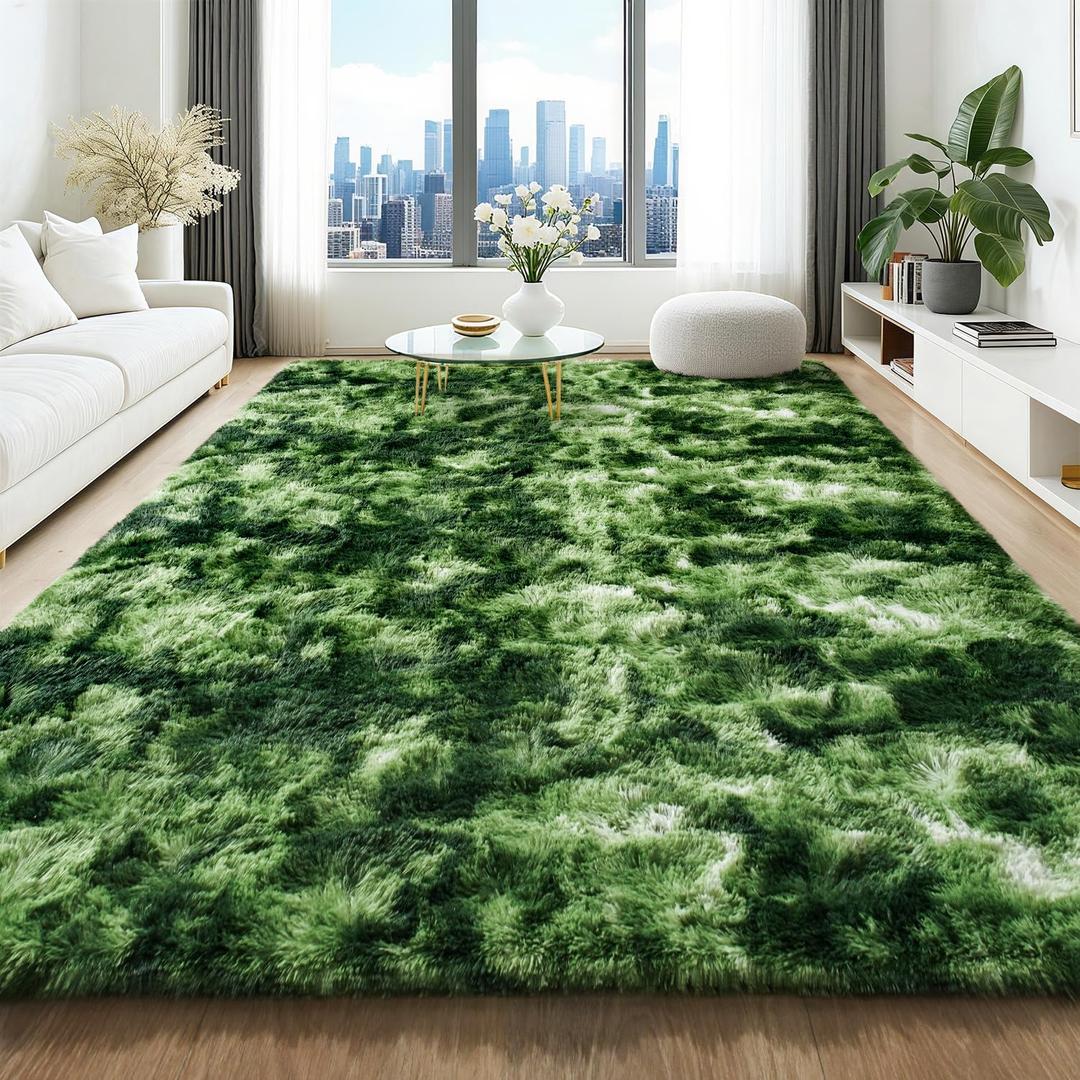 4x6 Green Area Rugs for Living Room, Tie-Dyed Forest Moss Green Ultra Soft Fluffy Washable Non-Slip Rug, Plush Shaggy Modern Indoor Carpet for Kids Girls Boys Dorms Nursery Bedroom Home Decor