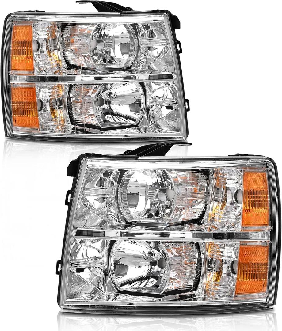 Headlights Assembly for 2007-2013 Chevy Silverado 1500 | 2007-2014 Chevy Silverado 2500/3500 Chrome Housing Amber Reflector HeadLamp Replacement Pair (OE Type)