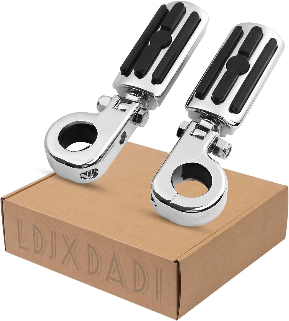 1.25" Highway Footpegs, Adjustable Footrest Mounting P-Clamps Compatible with Harley Sportster Touring Softail Dyna Honda Kawasaki Suzuki Yamaha with 1-1/4" Engine GuardChrome
