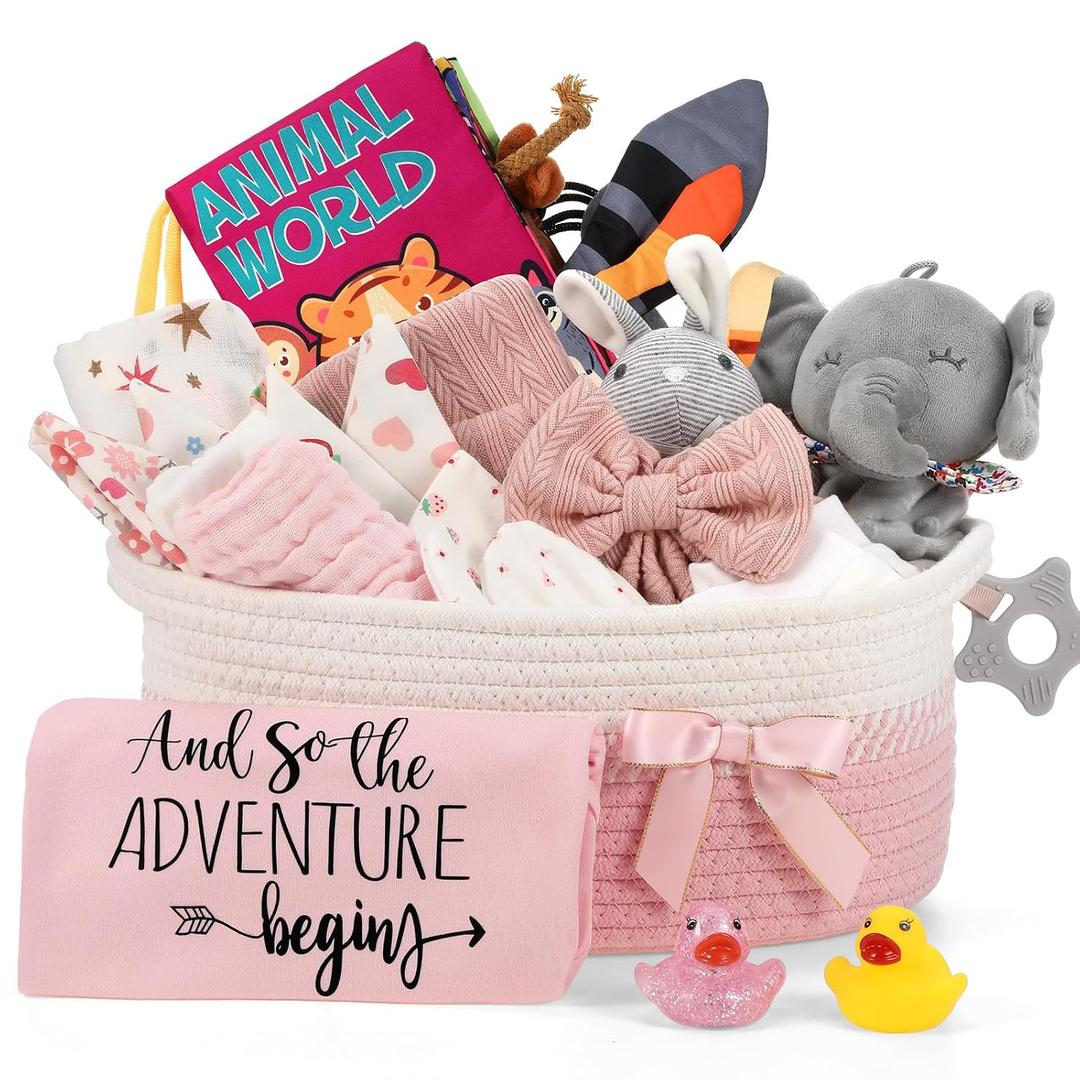 Zopeal 22 Pcs Deluxe New Baby Gift Basket, Baby Shower Gifts Essentials Stuff for Girls Newborn Baby Girls Gift Set for Expecting Moms Gifts Diaper Caddy Organizer