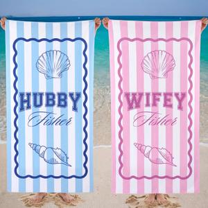 Bride Beach Towel Set of 2 Wifey and Hubby Wedding Beach Towel for Bride Groom 60 x 30 Inch Newlywed Bridal Shower Honeymoon Gifts for Couples Blue and Pink Stripe(Seashell)