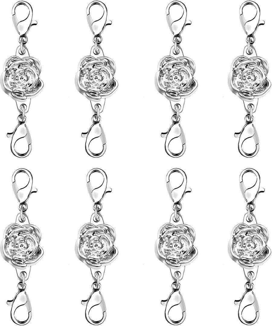 8 Packs Lobster Claw Clasps Rose Shape Necklace Extender, Double End Design Necklace Clasps and Closures, Bracelet Connector Suitable for Jewelry Making, Silver