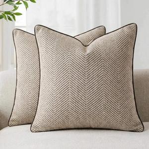 Mantle & Mason Boho Throw Pillow Cover 18x18 Set of 2 Decorative Couch Pillow Case Sofa Bed Chair Living Room Modern Farmhouse Scandi Chenille Chevron Pattern Home Decor Cushion Cover Brown