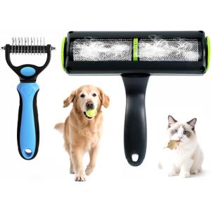 Pet Grooming Set-Pet Hair Remover Roller and Double Sided Undercoat Rake for Dogs & Cats, Lint Roller for Pet Hair, Deshedding Brush and Dematting Tool