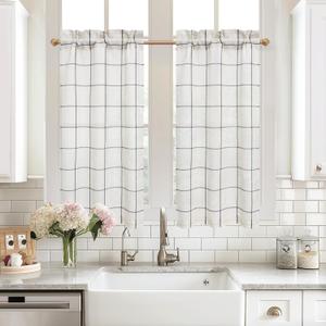 DriftAway Kitchen Curtains Striped Tier Linen Short Curtains Windowpane Plaid Cafe 45 Inch Length for Living Room Bathroom Chris Farmhouse Rustic Rod Pocket 2 Panels Black