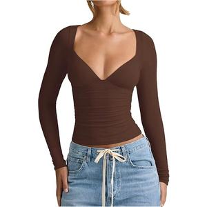 SweatyRocks Women's Deep V Neck Crop T Shirts Long Sleeve Slim Fitted Going Out Y2k Tops Brown Medium