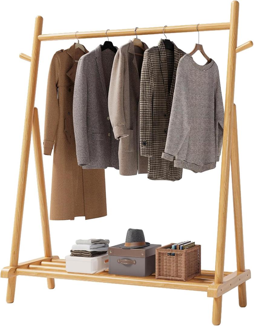 Solid Wood Clothes Rack with Shelves, 3-in-1 Freestanding Clothing Racks for Hanging Clothes A-Frame Garment Rack for Bedroom, Entryway, Living Room (Natural)