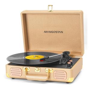 MANGOSTAN Record Player 3 Speed Bluetooth Portable Suitcase, Vinyl Phonograph with Built-in Bass & Speakers, Belt-Driven LP Player Support AUX-in RCA Line Out Headphone Jack, Champagne Gold