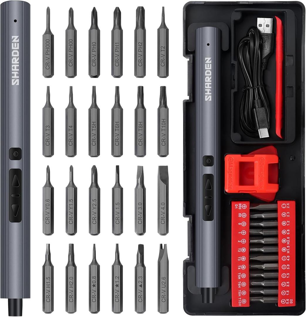 SHARDEN Mini Electric Screwdriver, 29 in 1 Small Electric Screw Driver Kit with 24 Magnetic Bits, Precision Cordless Repair Tool for Phone, Camera, Laptop, Watch (Red)