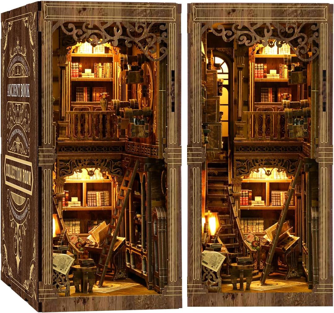 Book Nook Kit for Adult Miniature Model Build Dollhouse Kit 3D Wooden Puzzle with Sensor Led Light for Bookshelf Bookend Decor Adults Teen Craft(Classical Book Collection Room), 1Pack