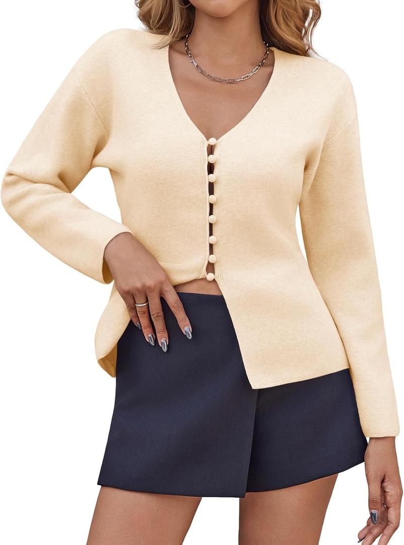 Saodimallsu Womens V Neck Cardigan Sweaters Button Up Fall Trendy Front Split Long Sleeve Sweater Blazer (Small, Beige)