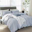 Cooling Queen Duvet Cover Set 3 Pieces-100% Washed Cotton Linen Like Textured Ultra Soft Cozy Bedding with Zipper Closure,Includes 1 Duvet Cover & 2 Pillow Shams(Light Blue,Queen 90"x90")