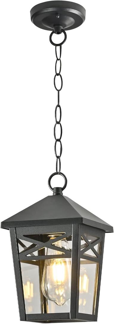 Outdoor Pendant Light Fixture for Porch, 1-Light Exterior Hanging Porch Lantern with Clear Glass, Exterior Pendant Lantern with Adjustable Chain for Patio Entryway Doorway (Black)