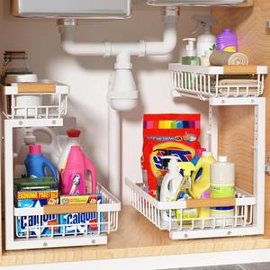 Liuoud Under Sink Organizer 2 pack, 2 Tier Slide Out Under Sink Organizers And Storage, Height Adjustable Pull Out Cabinet Drawers, Kithcen Bathroom Metal Storage Caddy Shelf, White