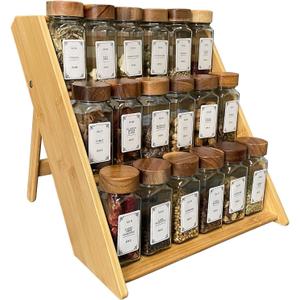 Bamboo Spice Rack Organizer - 3 Tier Foldable Wooden Spice Rack for Countertop, Cabinet & Drawer- Organic Bamboo-Extra Sturdy Wooden Spice Shelf, No Spice Jars Included