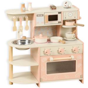 Wooden Kitchen Playset for Kids Ages 3-8, Pretend Play Kitchen for Toddlers with Realistic Design, Cooking Accessories, Coffee Maker, Oven, Microwave, Sink - Small