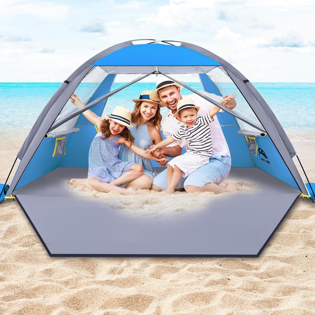 Happy Travel Beach Tent, UPF 50+ UV Protection Sun Shade Shelter for 3/4/5/6/7/8 Person, Portable Beach Canopy for Family & Baby, Lightweight & Easy Setup Beach Cabana with 3 Ventilation Mesh Windows (Dark Blue)