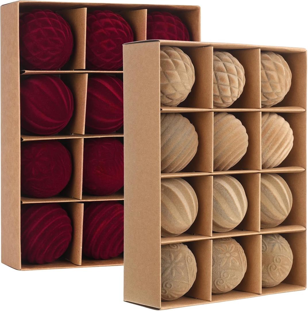 Vinsot 24 Pcs Velvet Christmas Ornaments Balls 2.36 Inch Flocked Christmas Tree Ball Hanging Ornaments Velvet Christmas Baubles for Xmas Party Wedding Home Decor(Khaki, Burgundy)