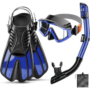 Snorkeling Gear for Kids Adults, 4 in 1 Snorkel Mask Fins Set with 3 Window Snorkel Mask, Dry Top Snorkel, Adjustable Short Fins and Mesh Bag, Anti-Leak & Anti-Fog Snorkel Gear for Snorkeling (Blue)