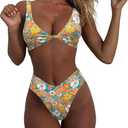 Geluboao Bikini Set for Women Solid V Neck Knot Front Push Up High Leg Thong Two Piece Swimsuit (M)