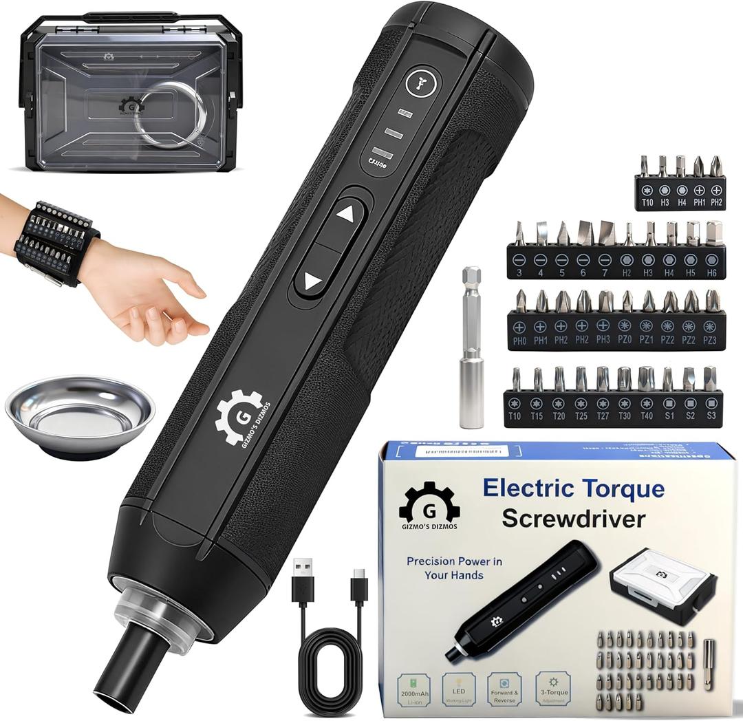 Electric Torque Screwdriver Set 4V with 3 Torque Settings 5.5Nm Max Electric and 8.5 Manual Torque LED Light, 2000mAh Battery, 35 Magnetic Bits, Extension Rod, Magnetic Wristband, Tray and Storage Box