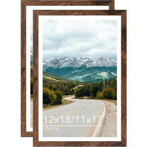 Wood 12x18 Picture Frame with 11x17 Mat, Display 11x17 with Mat or 12x18 Without Mat, Wood 12 by 18 Photo Frame, 12 x 18 Frame for Wall Hanging Display, Deep Brown, 2 Pack