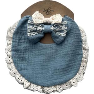 Baby Girl Gift Set, Muslin BoHo Bib with Lace and Matching Bows, Absorbent Cotton Adjustable Bib for Newborn Infant Toddler (Dusty Blue)