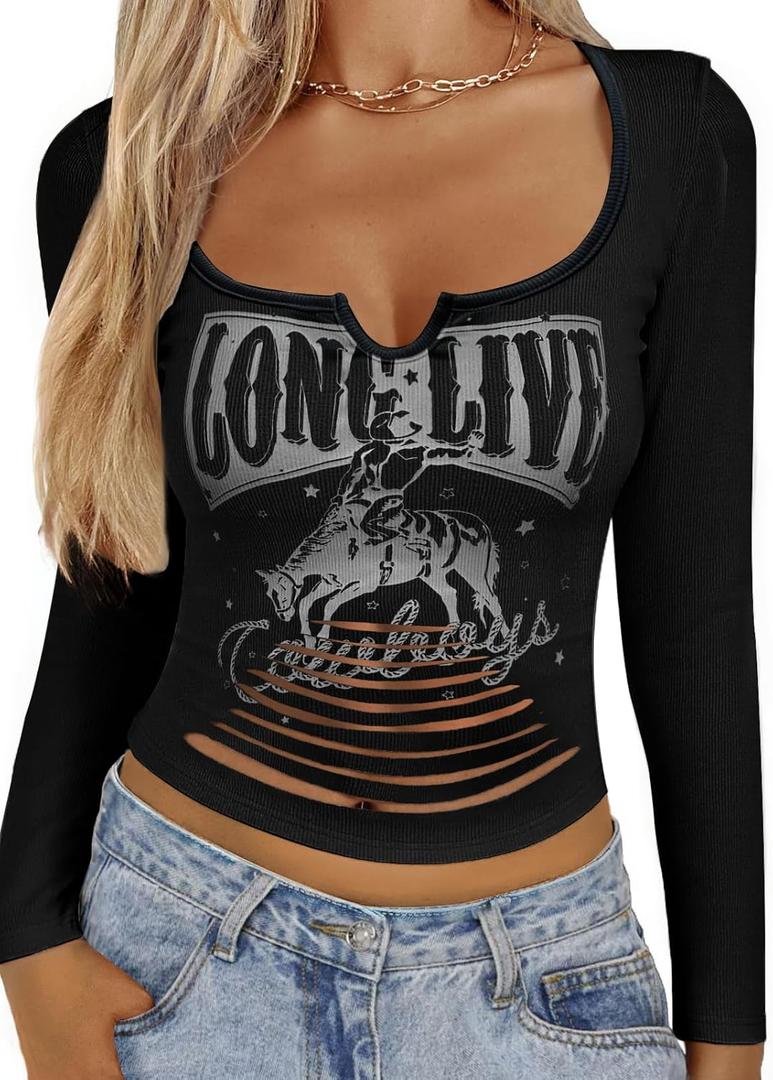 Cowgirl Outfits for Women Western Tank Tops Sexy Deep V Neck Crop Top Country Concert Rodeo Howdy Graphic Shirts (Medium Short, Black-long Live)