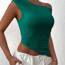 PRETTYGARDEN Womens 2025 Summer Off The Shoulder Crop Tops Sleeveless One Shoulder Ruched Asymmetrical Y2K Going Out Tank Top (Green, S)