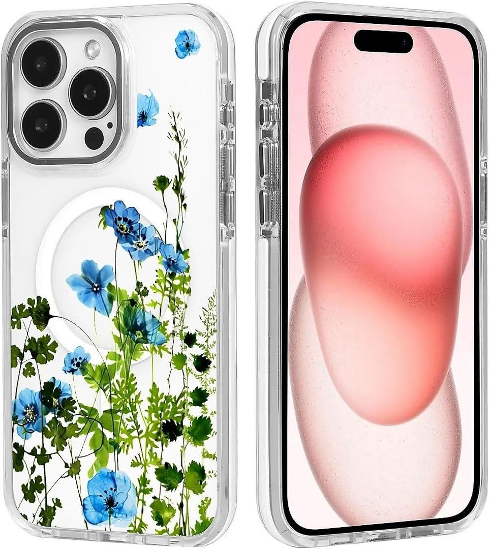 DAIZAG Magnetic Case for iPhone 16,Dried Fruit Flower Blue Design On Clear Base Compatible with MagSafe,Drop Protection Shockproof Case for iPhone 16 White