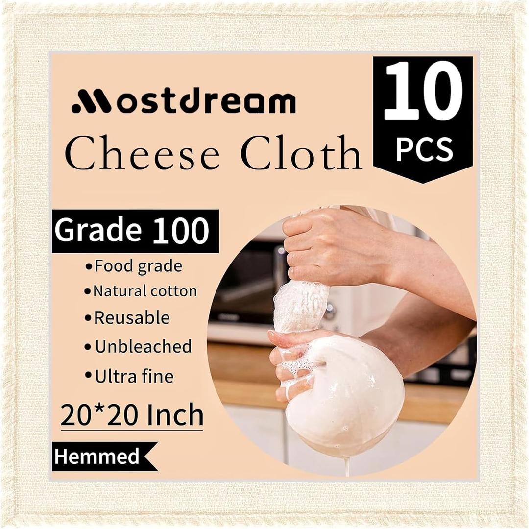 Cheese Cloths, 10Pcs 20x20 Inch Grade 100 Precut Cheese Cloths for Straining, Cotton Unbleached, Reusable Muslin Cheesecloth for Straining, Making Yogurt, Juice, Cooking Turkey