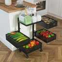 4-Tier Rotating Kitchen Storage Cart on Wheels, Metal Fruit Vegetable Basket Organizer, Rolling Slim Utility Cart with Locking Casters, No Assembly (Black)