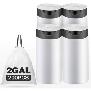 2 Gallon Drawstring Trash Bags,Small Kitchen Garbage Bags Strong Small Trash Bag for Kitchen Bathroom Bedroom Office,200 Counts White