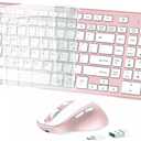 FENIFOX Wireless Keyboard and Mouse, Rechargeable USB C Combo Silent Quiet Compact Full Size Flat with Number Pad Soft Cover for Mac MacBook iMac Windows PC Laptop Computer Office - Pink & Rose Gold