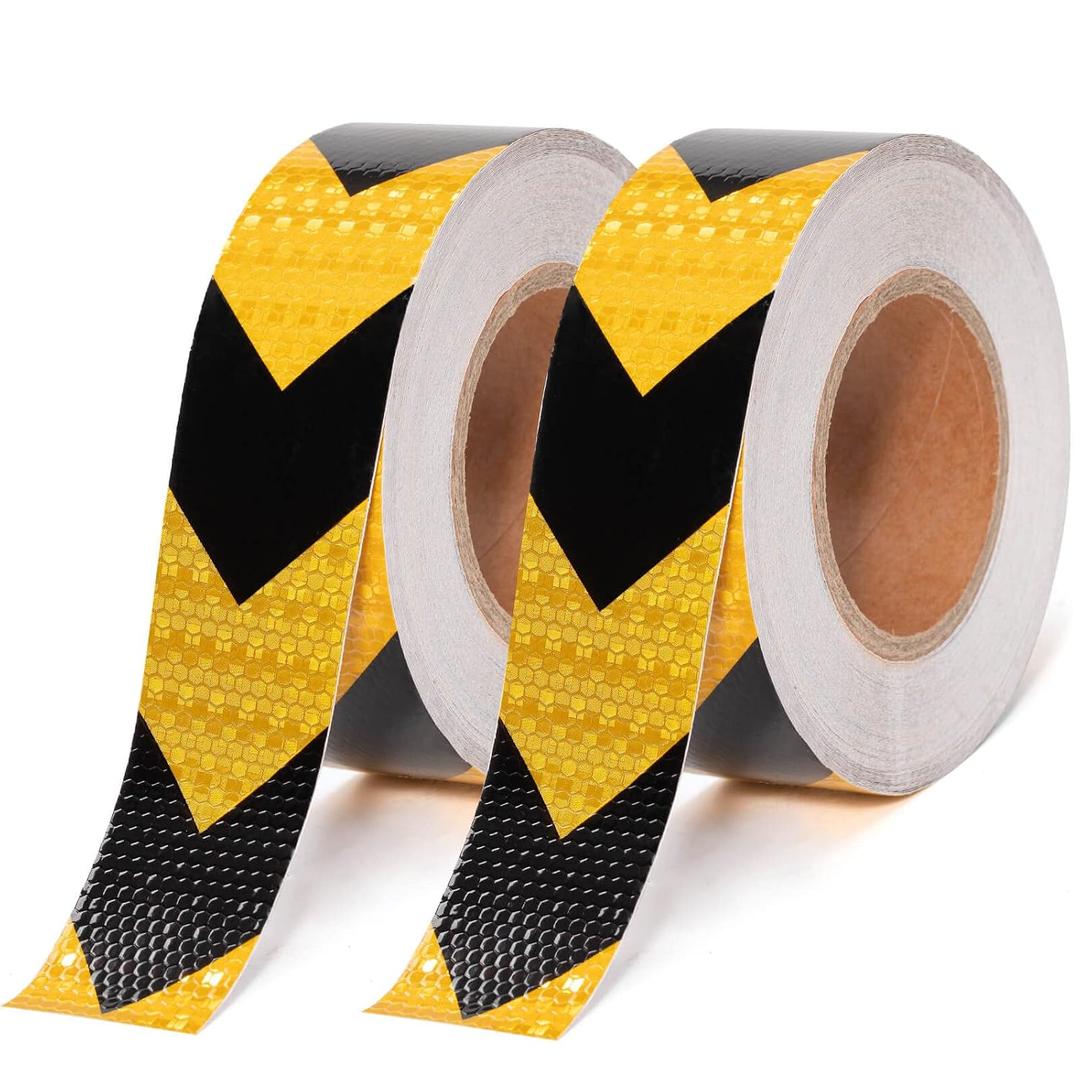 2 Inch X 200 Feet Black Yellow Arrow Reflective Hazard Safety Warning Caution Tape, Reflector Industrial Marking Tape for Trailers Vehicles Stairs Steps Floor Boats Outdoor Waterproof